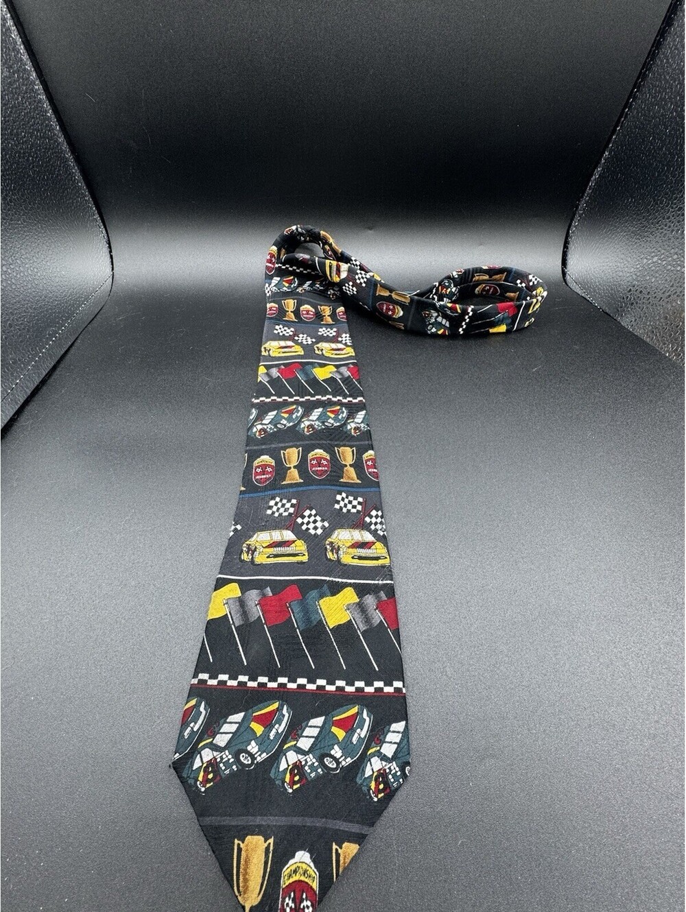 Vintage Carriage Cravats Racing Tie Race Cars Flags Trophies USA 57x3.75